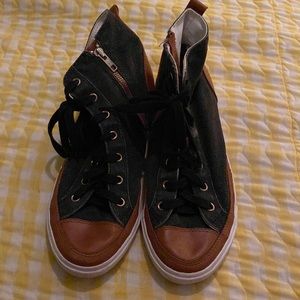 Men’s Pre-Owned Black with Brown High Top Shoes by Burnetie. Size 10